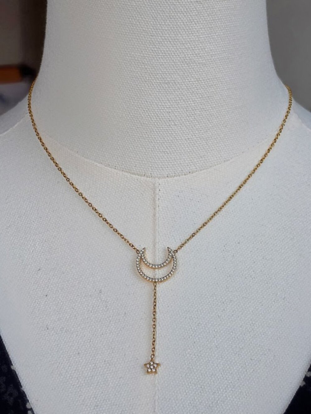 Gold Stainless Steel Dainty Pavé CZ Crescent Moon & Star Lariat Necklace